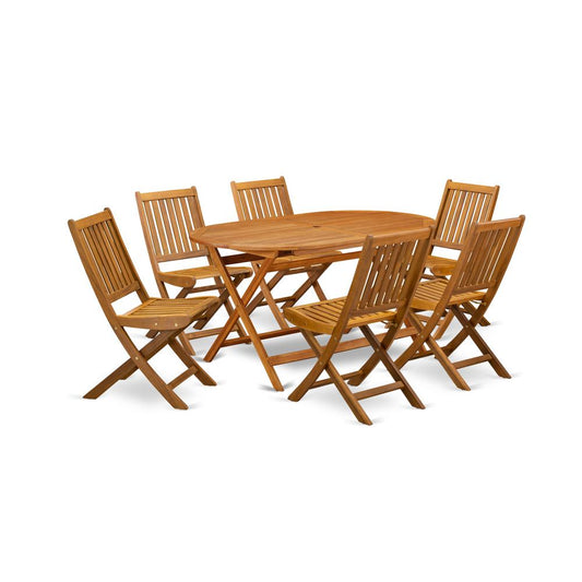 East West Furniture DIDK7CWNA 7-Piece Outdoor Table Set- 6 Outdoor Folding Chairs Slatted Back and Patio Table and Round Top with Wood 4 legs - Natural Oil Finish