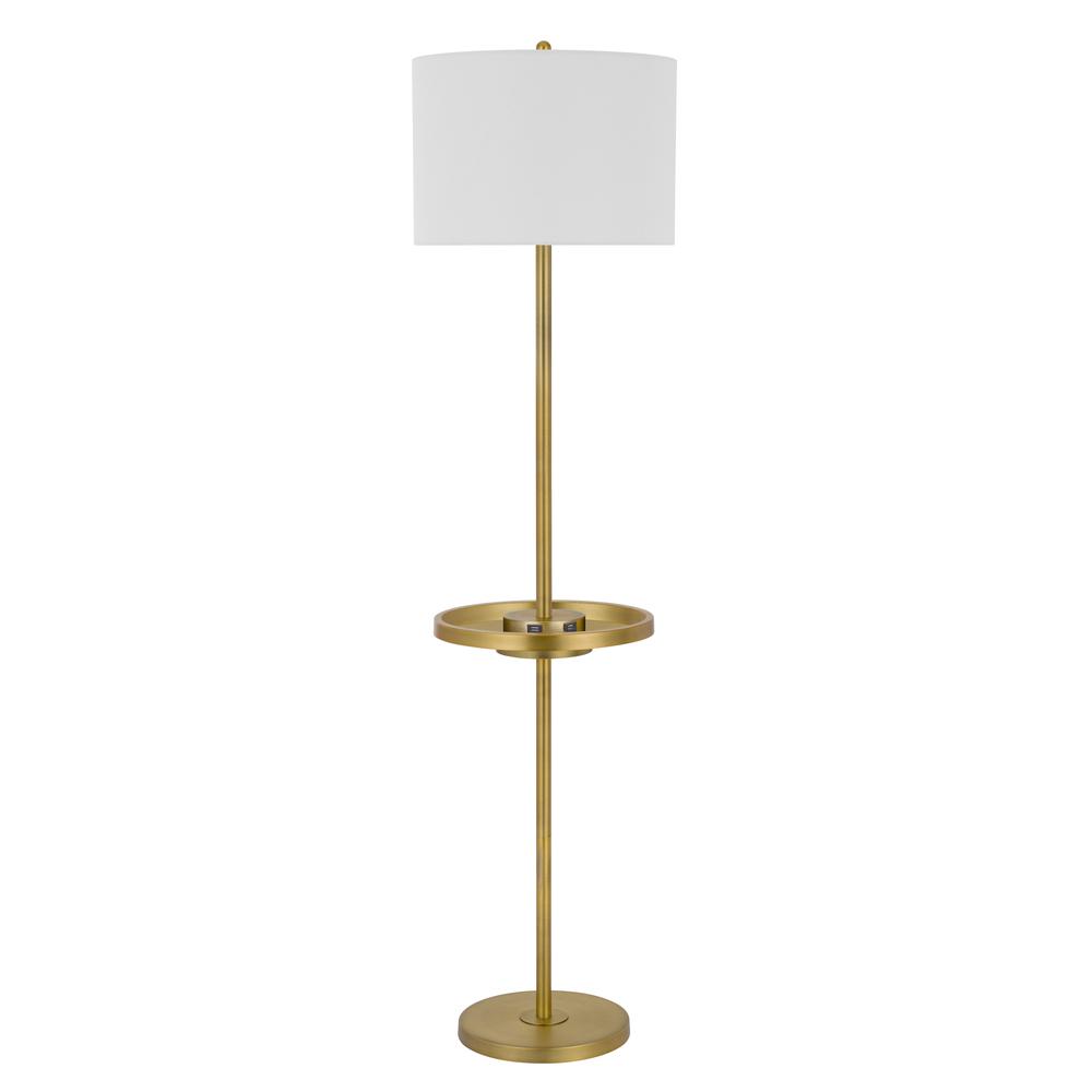 150W 3 way Crofton metal floor lamp with centered metal tray table with 2 USB charging ports and weighted metal base, Antique Brass