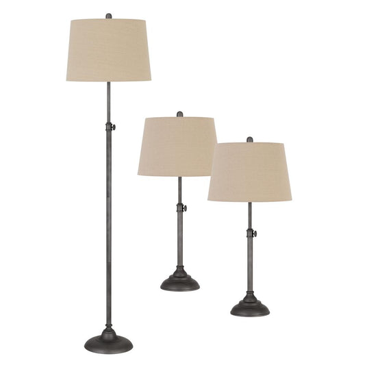 3 pcs package. 2 pcs of 150W 3 way adjustable metal table lamps. 1 pc of 150W 3 way adjustable metal floor lamp., Antique Silver