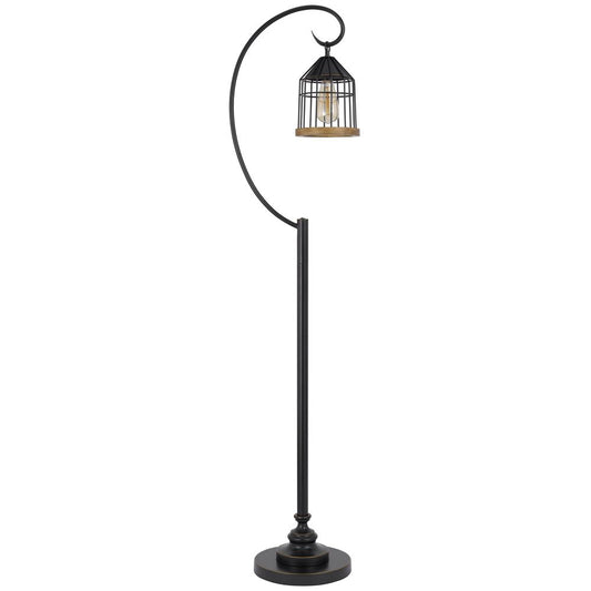 60W Valparaiso downbridge metal floor lamp with lantern style metal and pine wood shade