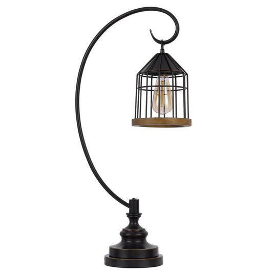 60W Valparaiso downbridge metal table lamp with lantern style metal and pine wood shade