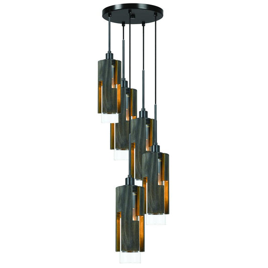 60W X 5 Reggio Wood Pendant Glass Fixture (Edison Bulbs Not Included)