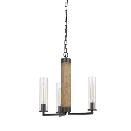 60W X 3 Silverton Metal/Wood 3 Light Chandelier With Glass Shades. (Edison Bulbs Included)