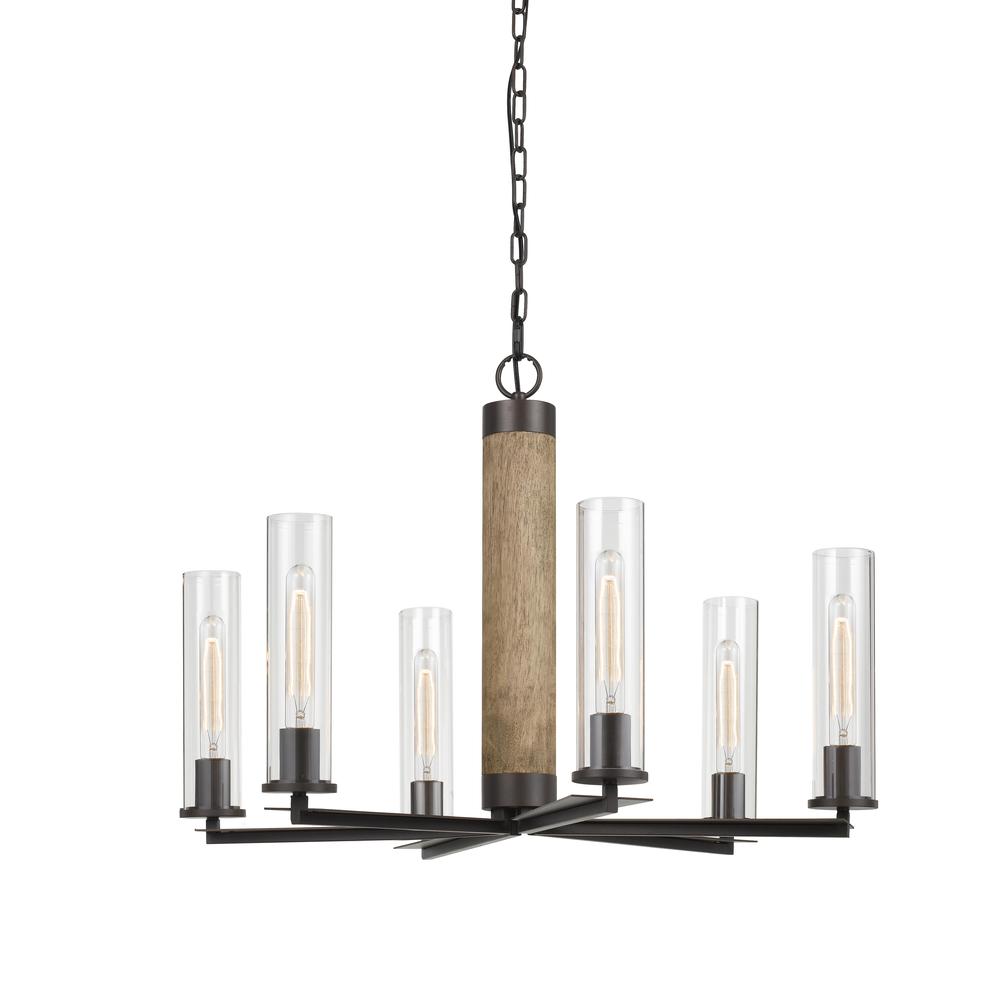 60W X 6 Silverton Metal/Wood 6 Light Chandelier With Glass Shades. (Edison Bulbs Included)