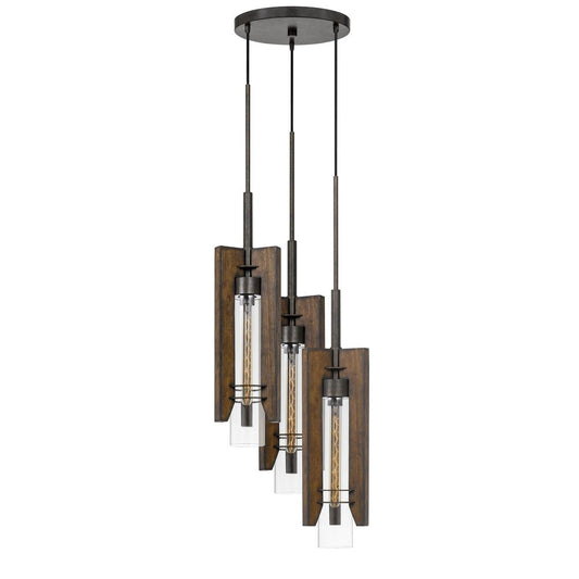 60W X 3 Almeria Wood/Glass 3 Light Pendant Fixture (Edison Bulbs Not included)