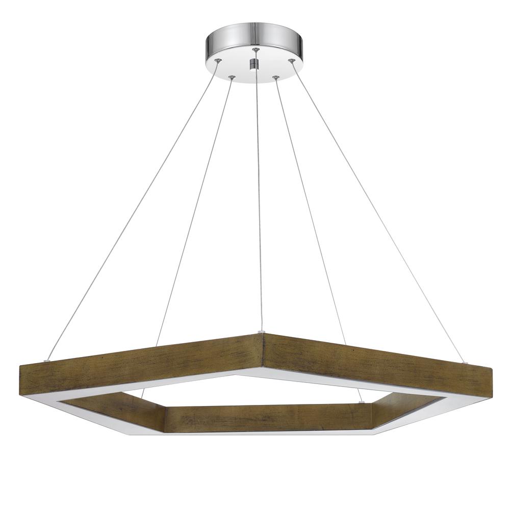 Metz dimmable Integrated LED polygon pine wood pendant fixture. 38W, 3000 lumen, 3000K, Pine