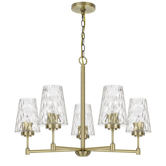 60W x 5 Crestwood metal chandelier with textured glass shades, Antique Brass