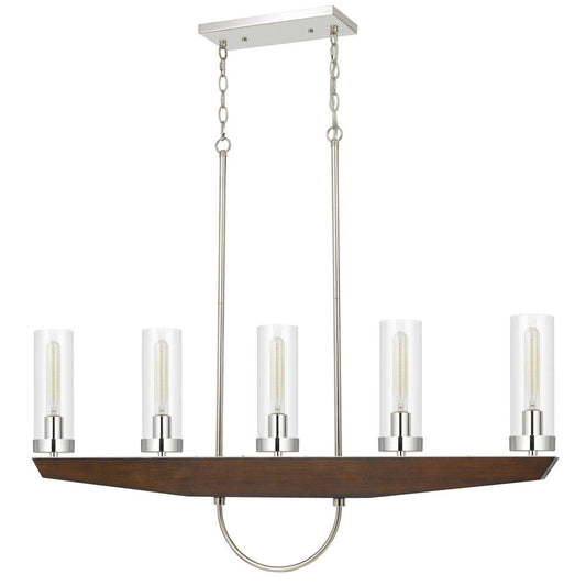 60W x 5 Ercolano pine wood/metal island chandelier with clear glass shade (Edison bulbs NOT included), Wood/brushed Steel