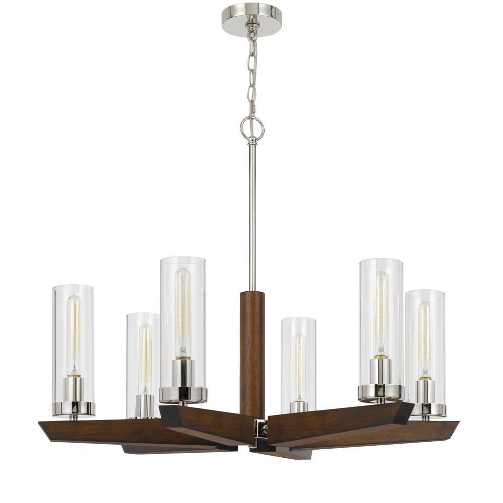 60W x 6 Ercolano pine wood/metal chandelier with clear glass shade (Edison bulbs NOT included), Wood/brushed Steel