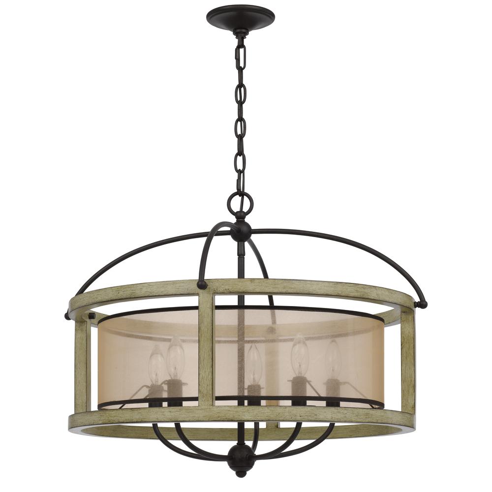 Palencia rubber wood round chandelier with organza shade