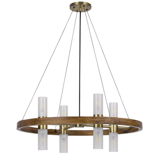 40W x 8 Hempstead Birch wood cylinder chandelier with adjustable steel cable and glass shades