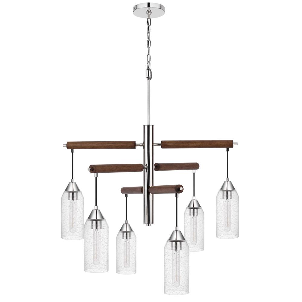 60W x 6 Massillon rubber wood chandelier with hanging bulbbed glass shades