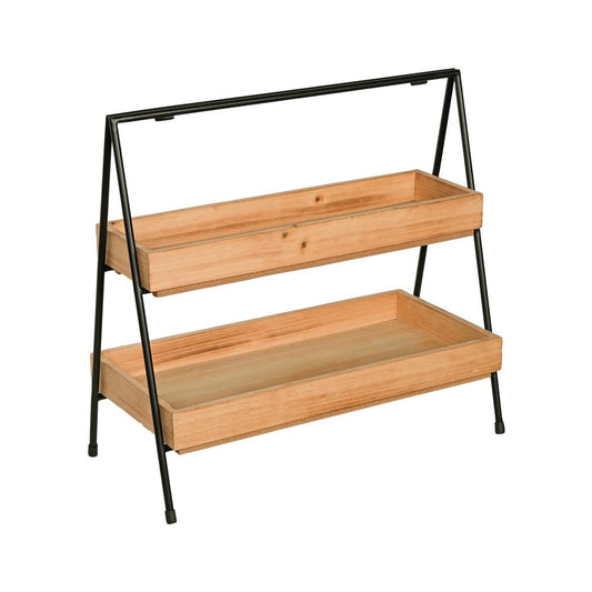 Two Tier Metal and Wood Tabletop Tray with Natural Wood and Black Metal Finish