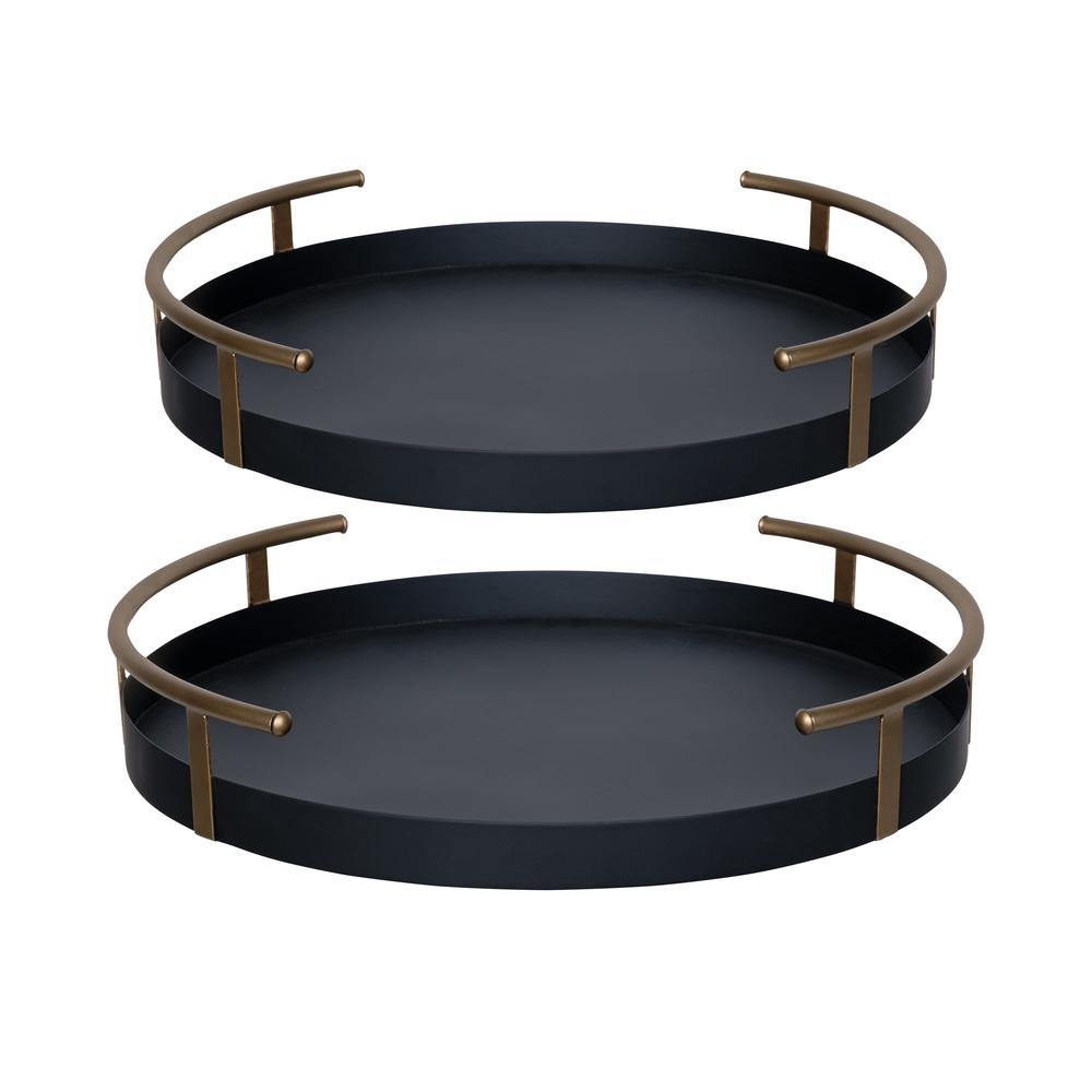 Round Metal Tray Set of 2 with Black Matte and Gold Finish