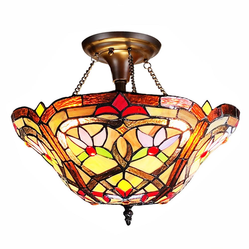 CHLOE Lighting YASMIN Tiffany-Style Victorian Stained Glass Semi-Flush Pendant 14.5" Height