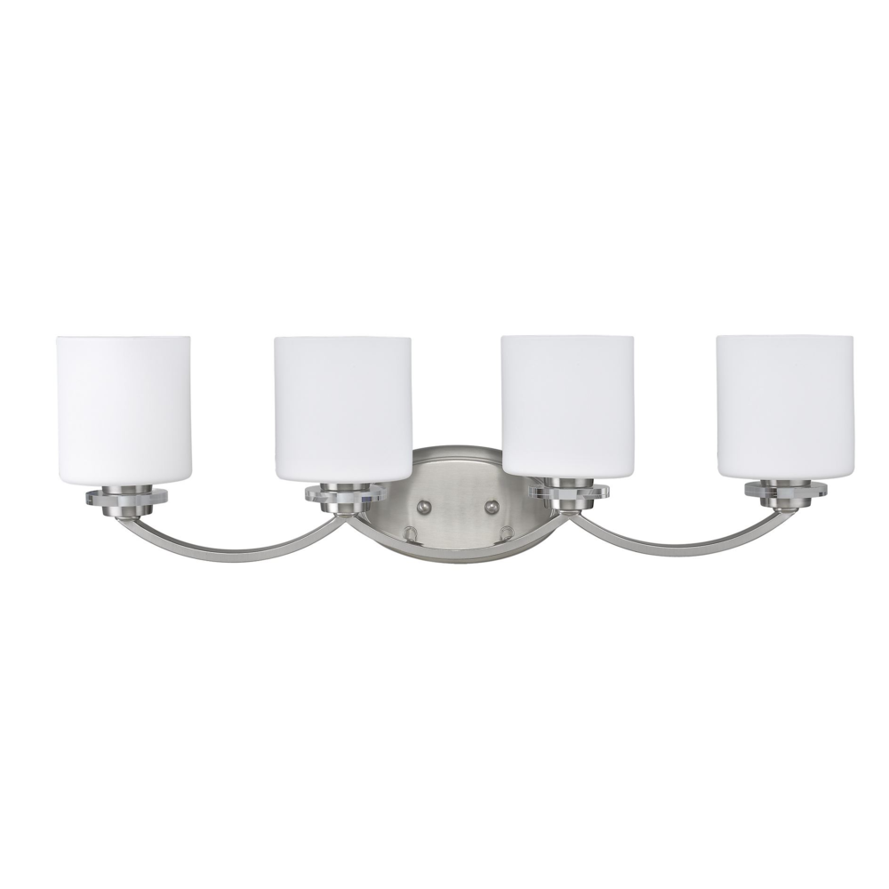 PRUDENCE Transitional 4 Light Brushed Nickel Bath Vanity Wall Fixture White Etched Glass 31" Wide