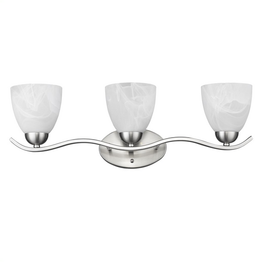 UNDINE Transitional 3 Light Brushed Nickel Bath Vanity Wall Fixture White Alabaster Glass 24" Wide