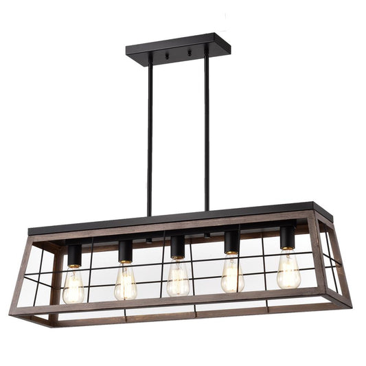 CHLOE Lighting IRONCLAD Industrial 5 Light Ancient Wood Island Pendant Ceiling Fixture 35" Wide