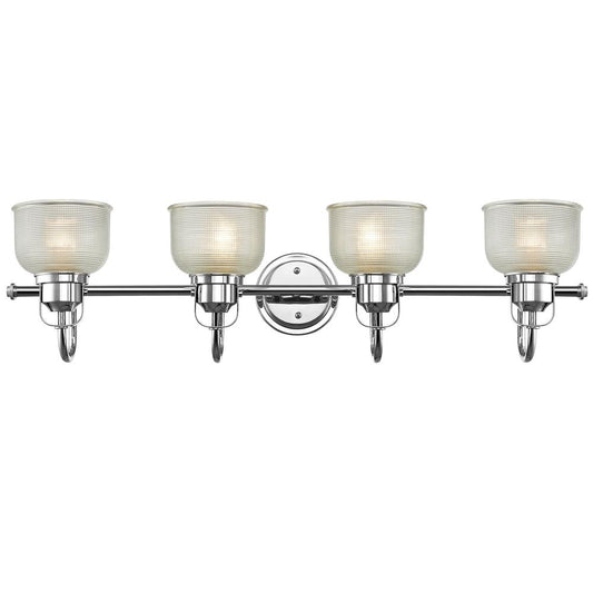 LUCIE Industrial-style 4 Light Chrome Finish Bath Vanity Wall Fixture Clear Prismatic Glass 34" Wide