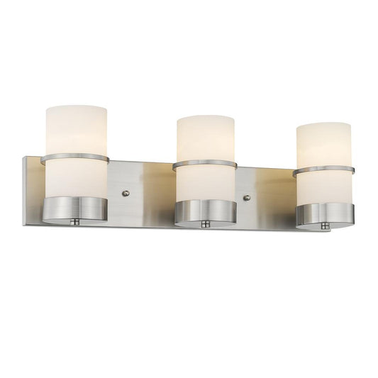 PENELOPE Contemporary 3 Light Brushed Nickel Bath Vanity Light Etched White Glass 23" Wide