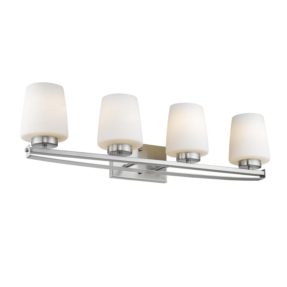 OLIVIA Contemporary 4 Light Brushed Nickel Bath Vanity Light Etched White Glass 31" Wide