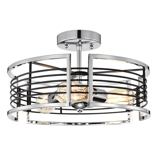 CHLOE Lighting IRONCLAD Industrial 3 Light Chrome Semi-Flush Ceiling Fixture 15" Wide