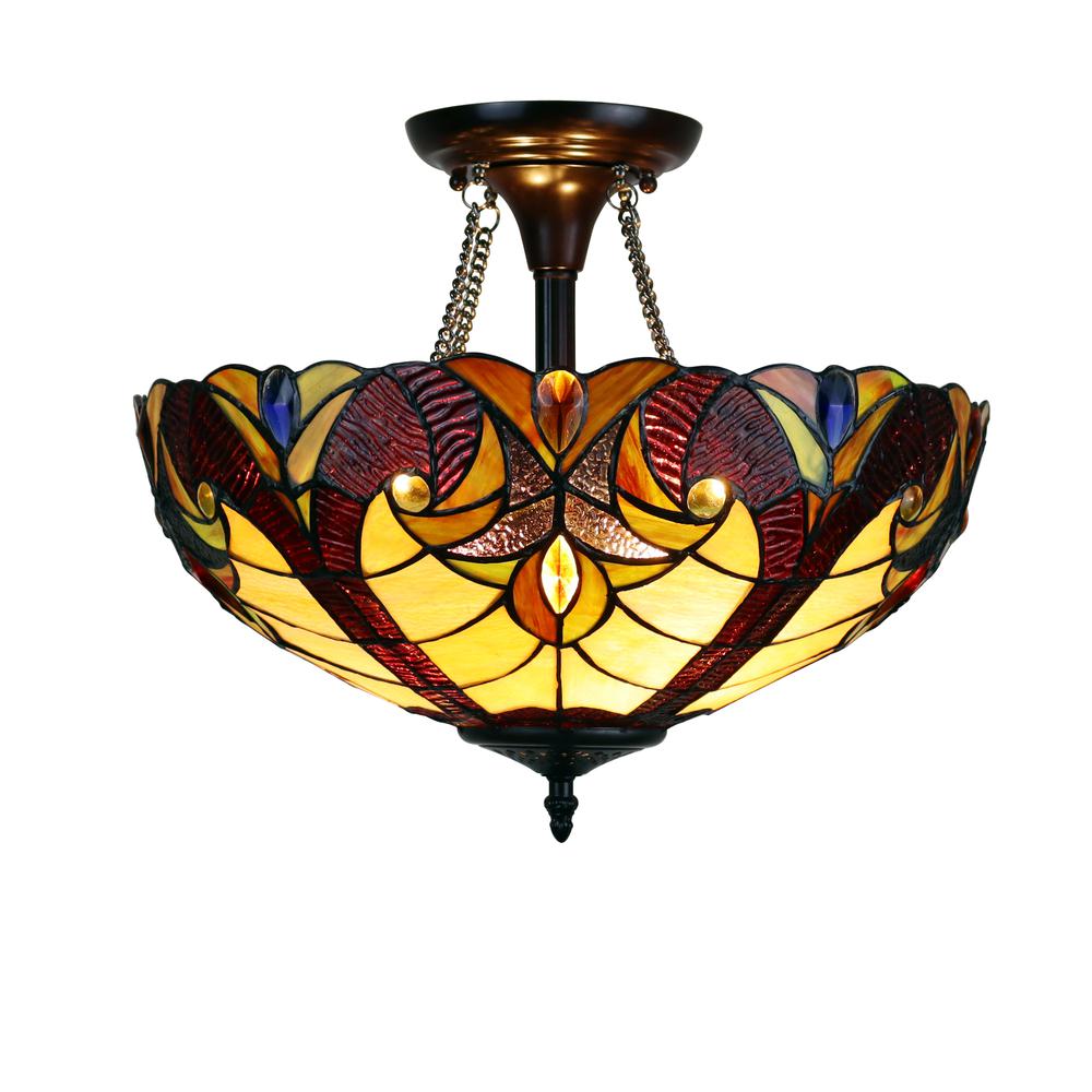 CHLOE Lighting ADIA Victorian Tiffany-Style Dark Bronze 2 Light Semi-Flush Fixture 16" Wide