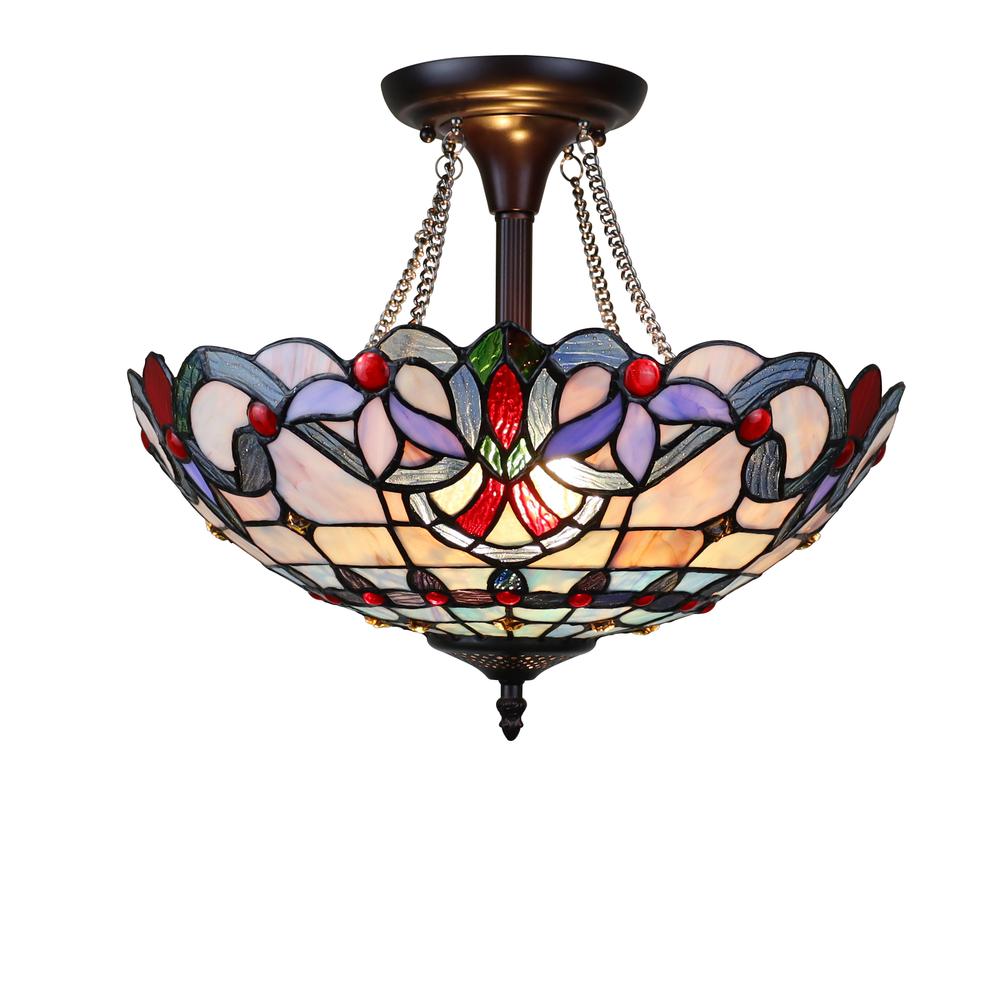 CHLOE Lighting GRENVILLE Victorian Tiffany-Style Dark Bronze 2 Light Semi-Flush Ceiling Fixture 16" Wide