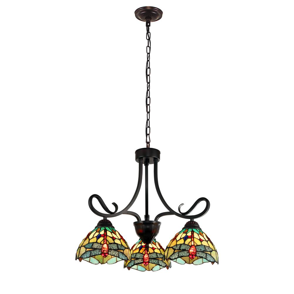 CHLOE Lighting EMPRESS Dragonfly Tiffany-style Dark Bronze 3 Light Mini Chandelier 24 " Wide