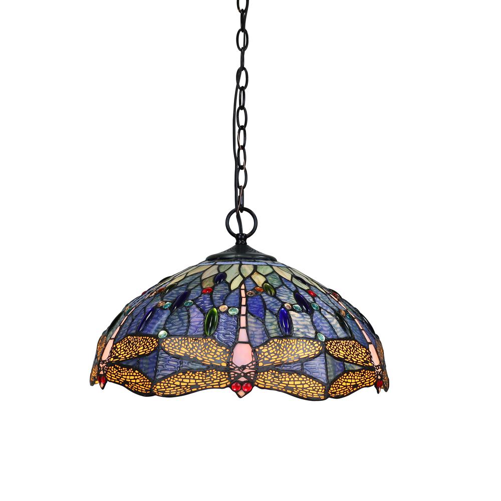 CHLOE Lighting SUNNIVA Dragonfly Tiffany-Style Dark Bronze 2 OR 3 Light Ceiling Pendant 18" Wide