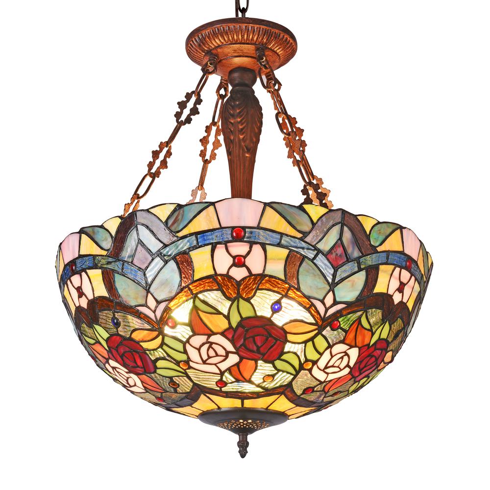 ROSEY Tiffany-style 3 Light Roses Inverted Ceiling Pendant 20" Shade