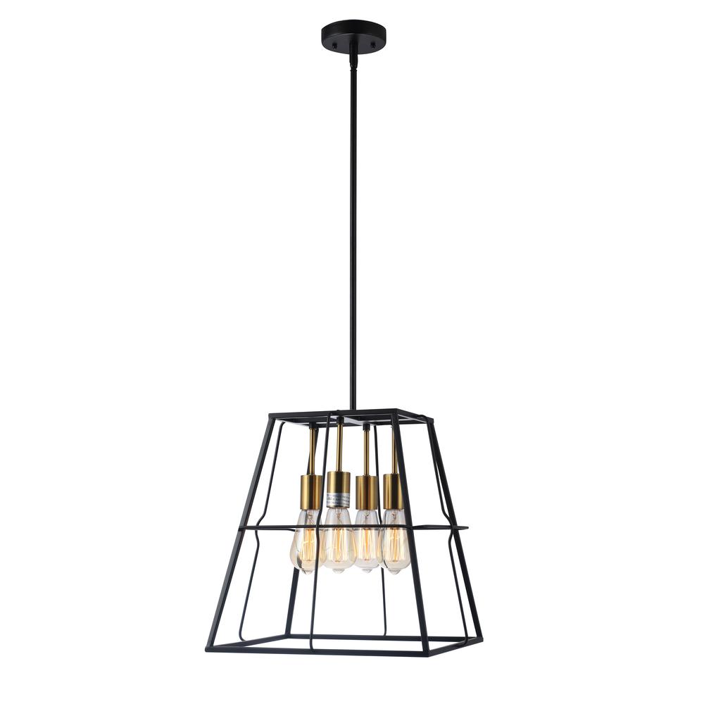 CHLOE Lighting IRONCLAD Industrial 4 Light Matt Black/Gold Trapezoid Ceiling Pendant 15" Wide