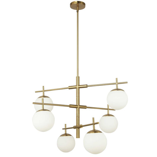 6 Light Halogen Chandelier, Aged Brass with White Opal Glass