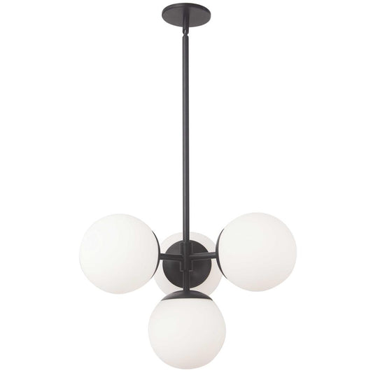 4 Light Halogen Pendant, Matte Black w/ White Opal Glass