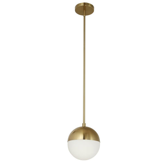 1 Light Halogen Pendant, Aged Brass w/White Opal Glass