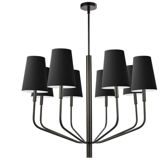 8 Light Incandescent Pendant, Matte Black w/ Black Shades