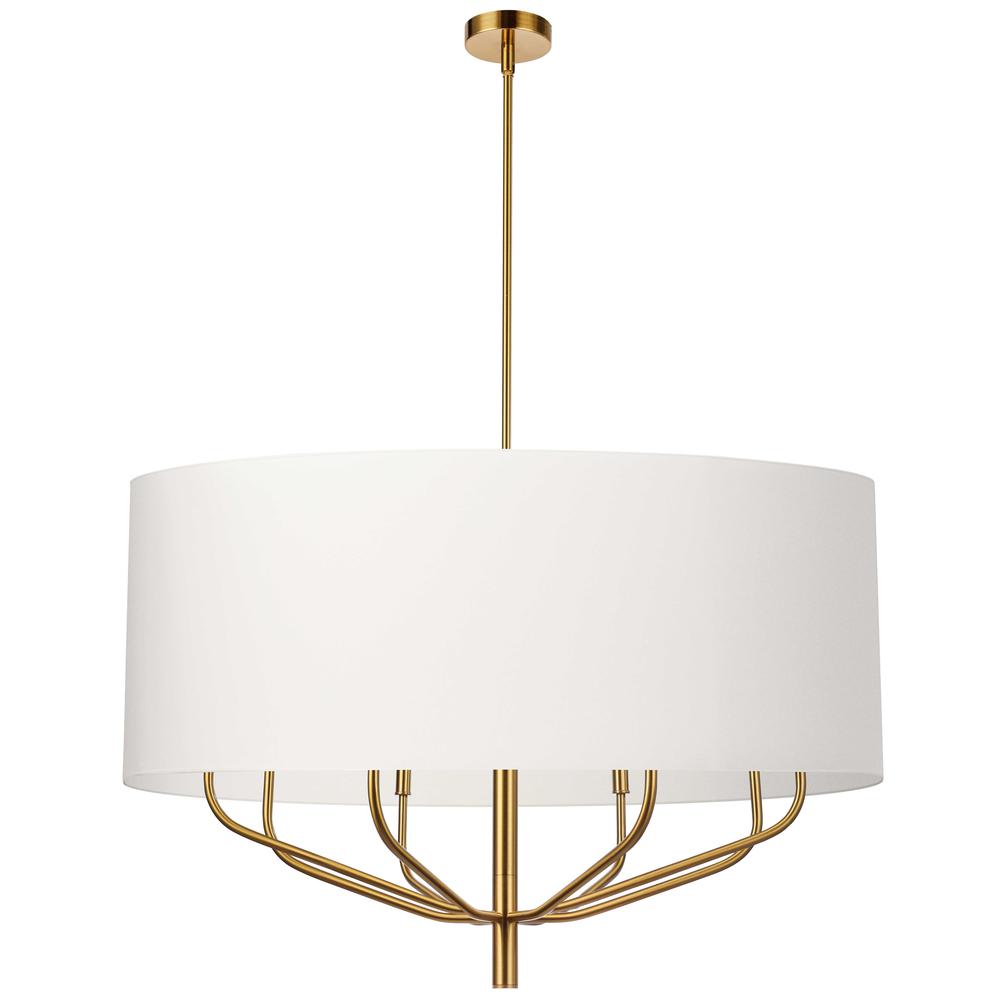 8 Light Incandescent Chandelier, Aged Brass with White Shade     (ELN-388C-AGB-790)