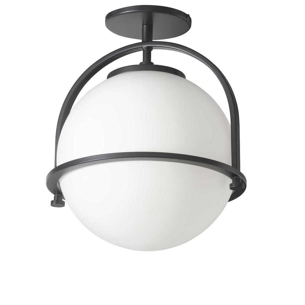 1 Light Incandescent Semi-Flush Matte Black with White Opal Glass