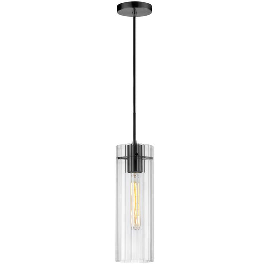 1 Light Incand Pendant, Matte Black w/ Clear Fluted Glass