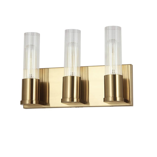 3 Light Incandescent Vanity, Aged Brass w/ Clear Fluted Glass