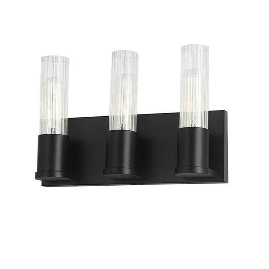 3 Light Incandescent Vanity, Matte Black w/ Clear Fluted Glass