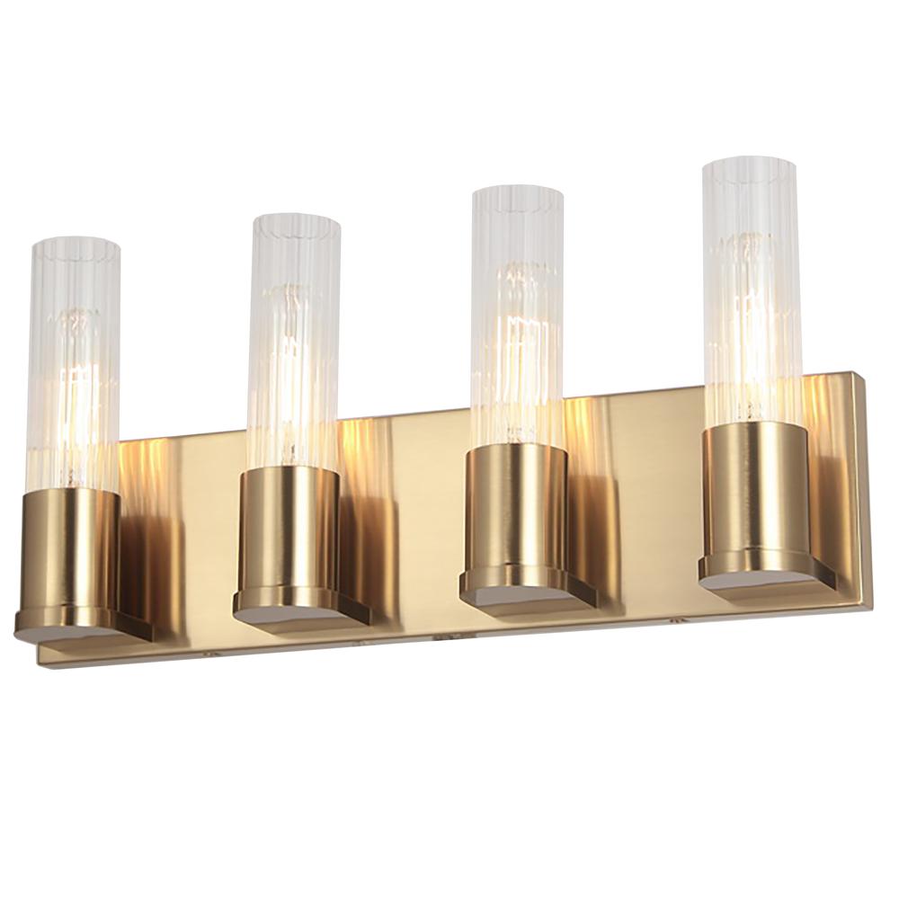 4 Light Incandescent Vanity, Aged Brass w/ Clear Fluted Glass