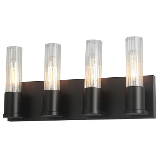 4 Light Incandescent Vanity, Matte Black w/ Clear Fluted Glass