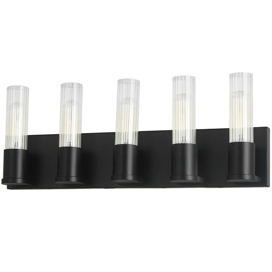 5 Light Incandescent Vanity, Matte Black w/ Clear Fluted Glass