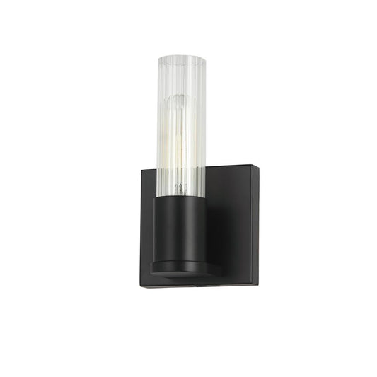 1 Light Incand Wall Sconce, Matte Black w/ Clear Fluted Glass