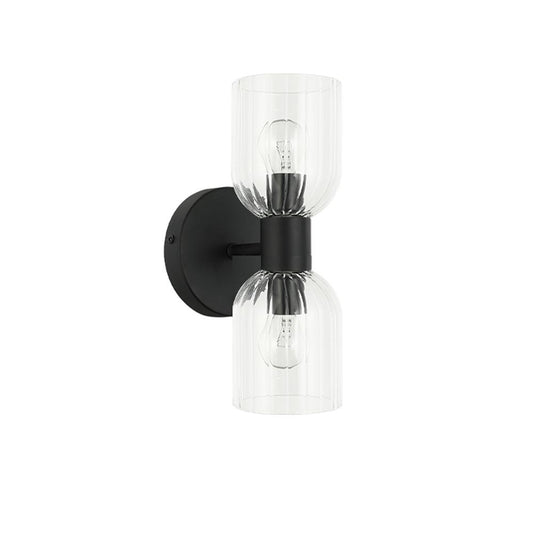 2 Light Incandescent Vienna Wall Sconce Matte Black w/ Clear Ribbed Glass