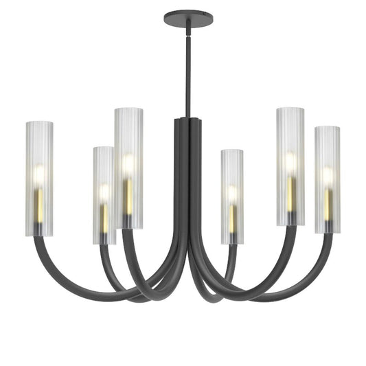 6 Light Incandescent Wand Chandelier Matte Black & Aged Brass w/ Frosted Glass