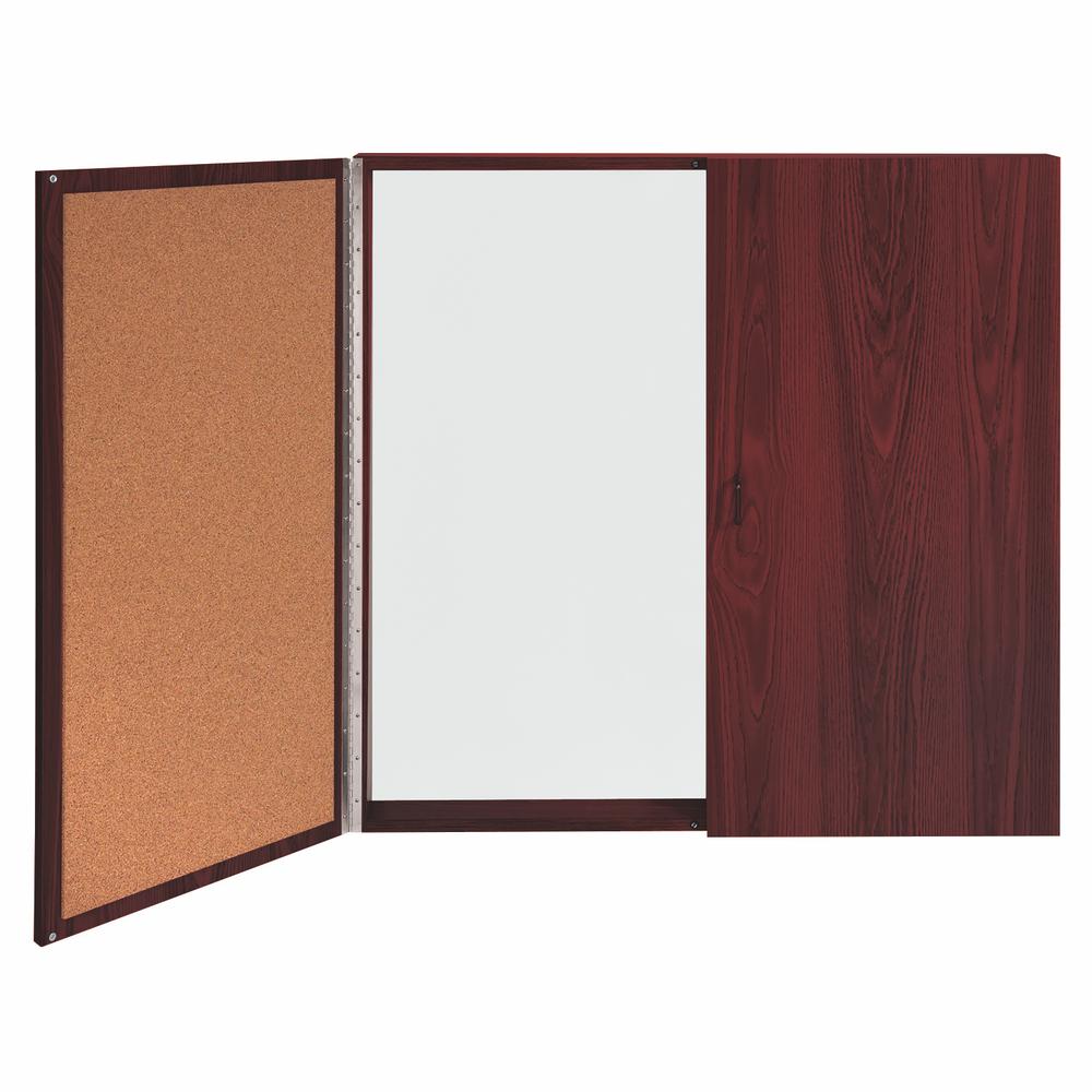 Ghent Magnetic Porcelain Whiteboard Cabinet with Cork Interior Doors, 4'H x 4'W, Mahogany