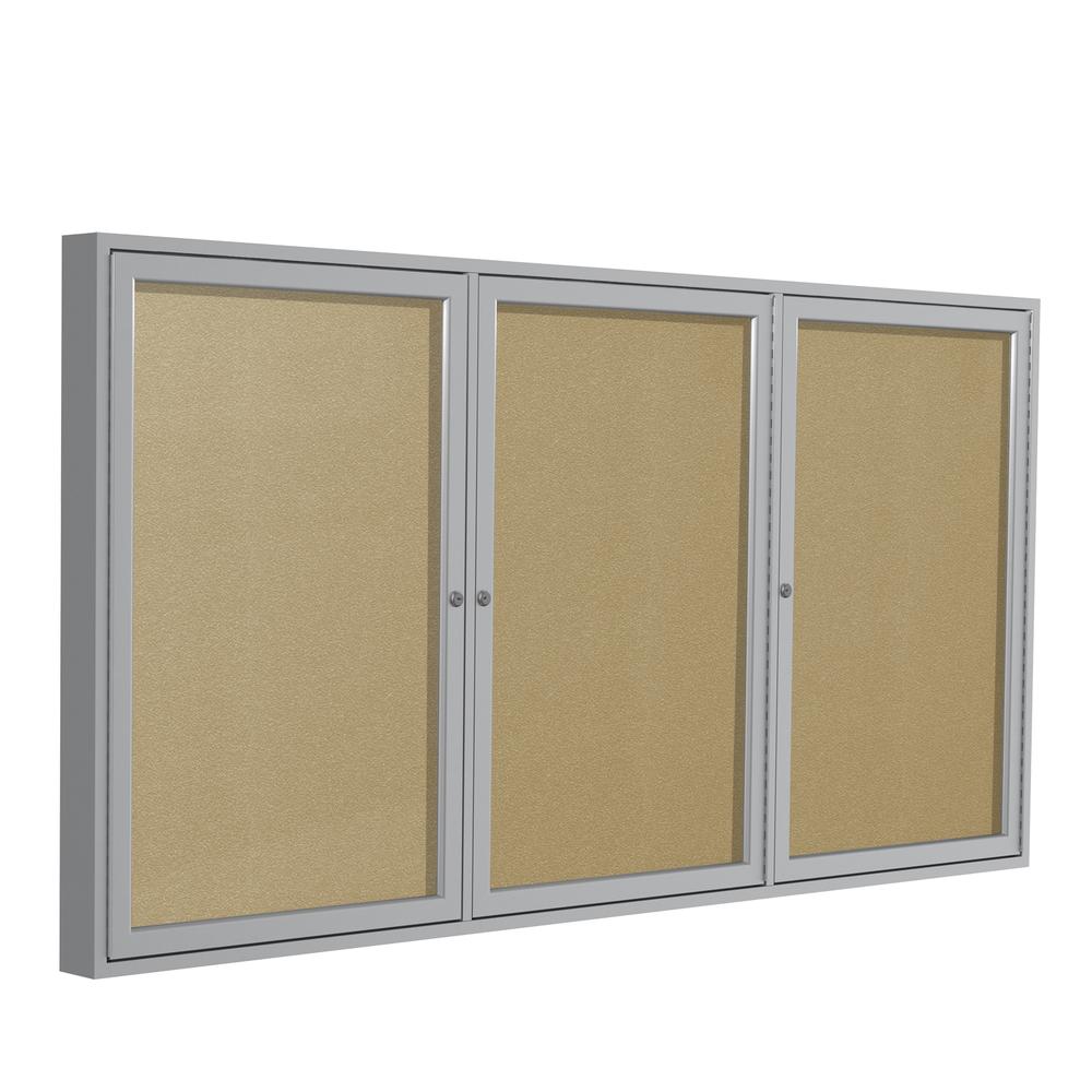 Ghent 3 Door Enclosed Vinyl Bulletin Board with Satin Frame, 4'H x 8'W, Caramel