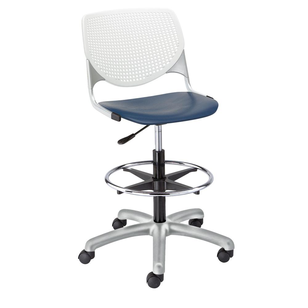 KOOL Poly Adjustable Drafting Stool, White Back, Navy Seat